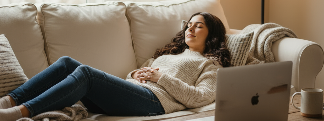 Woman relaxing on a couch, eyes closed, with a laptop and a mug nearby.