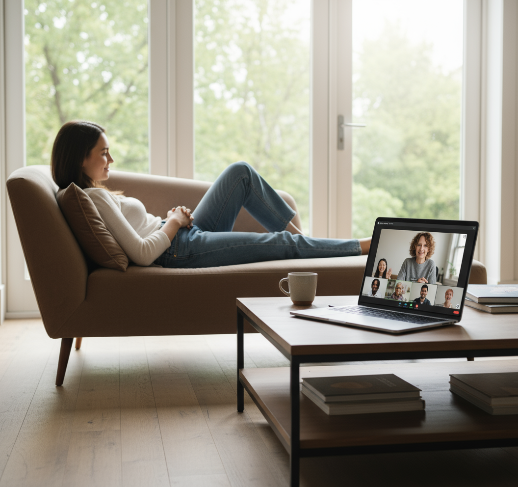 Woman on couch, laptop on coffee table with video call, window background.