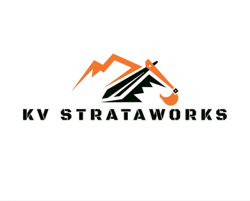 Logo for KV Strataworks: Orange mountain and excavator arm over black strata with the text