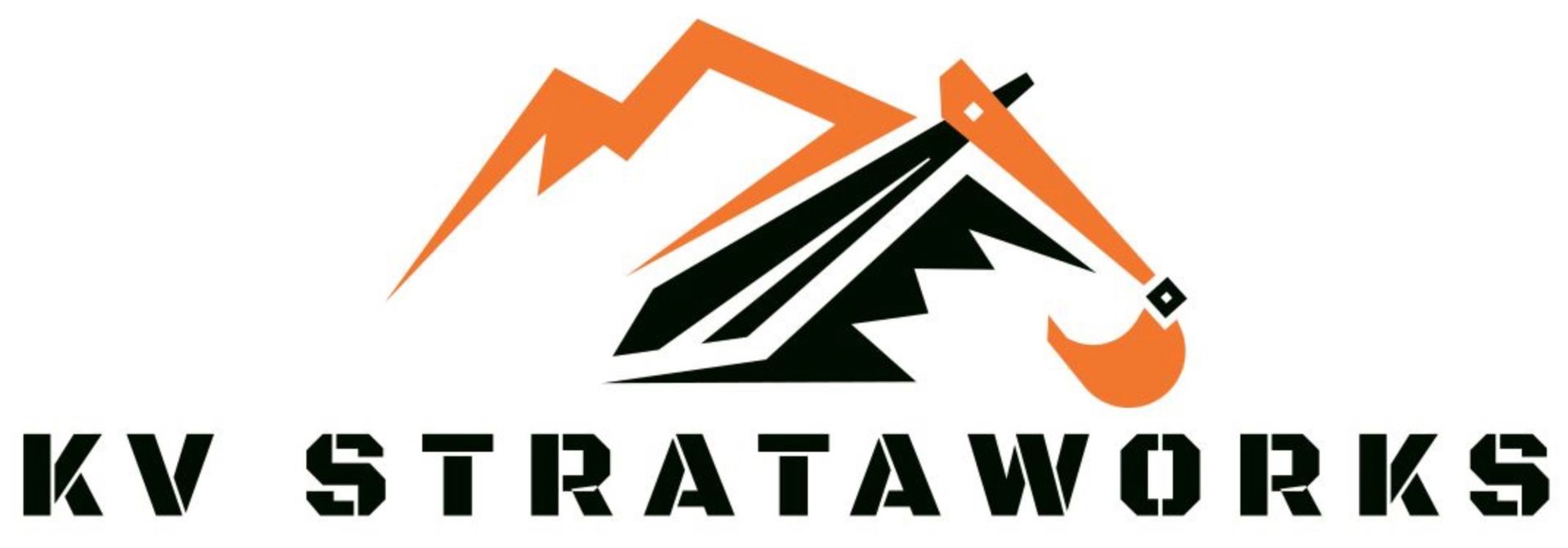 Logo of KV Strataworks: orange mountain, black angled shapes, and excavator arm with text.