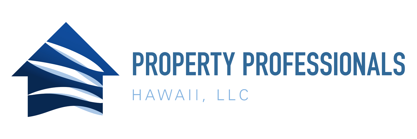 A blue and white logo for property professionals hawaii llc