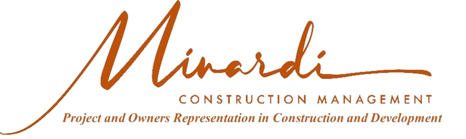 Brown cursive "Minardi" logo with "Construction Management" below and text at bottom.