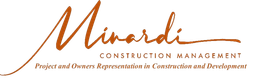 Brown cursive "Minardi" logo with "Construction Management" below and text at bottom.
