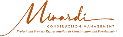 Brown cursive "Minardi" logo with "Construction Management" below and text at bottom.