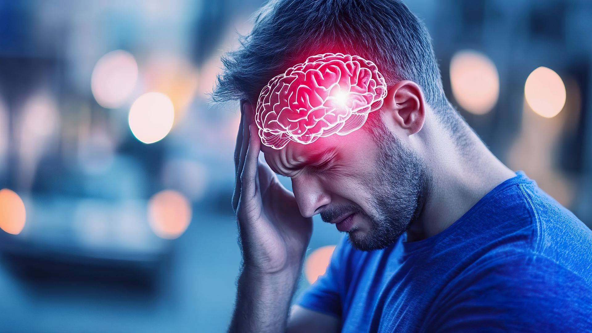 Man clutching his head, digitally enhanced brain highlighted red; pain.