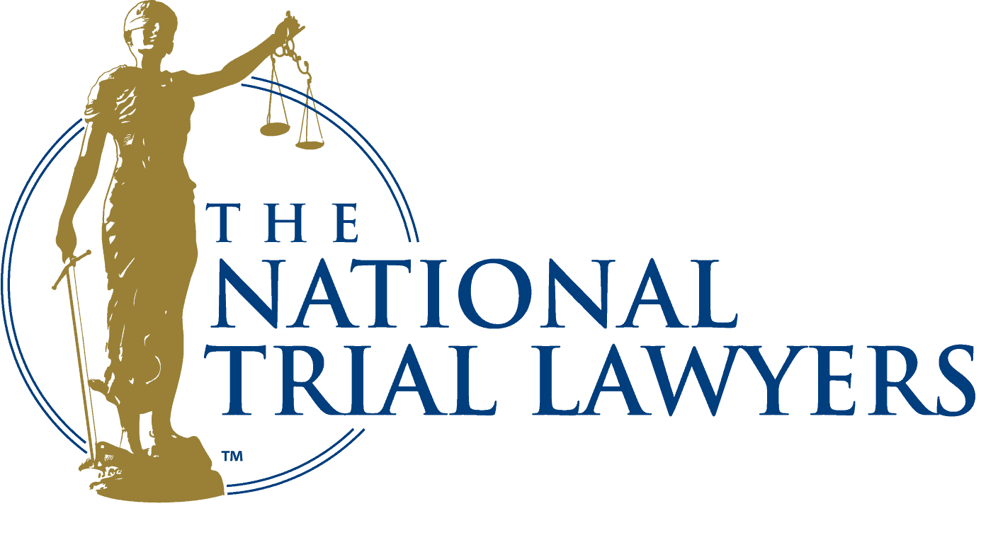 The logo for the national trial lawyers shows a statue of justice holding scales of justice.
