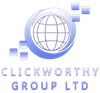 A blue and white logo for clickworthy group ltd