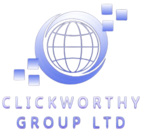 A blue and white logo for clickworthy group ltd