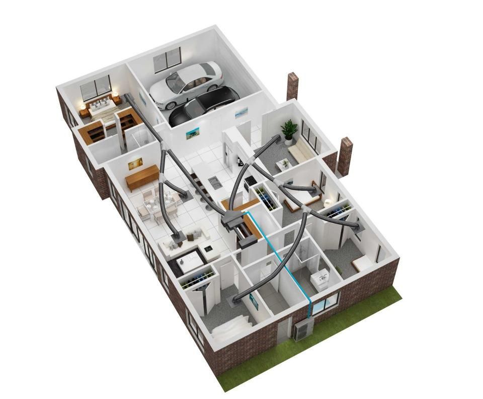 A 3D Floor Plan of a House With a Lot of Rooms — Enterprise Air That's Cool in Svensson Heights, QLD