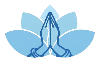 Blue lotus flower behind hands clasped in prayer.