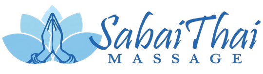 Logo for Sabai Thai Massage. Blue lotus flower with hands in prayer. Blue cursive text on right. 