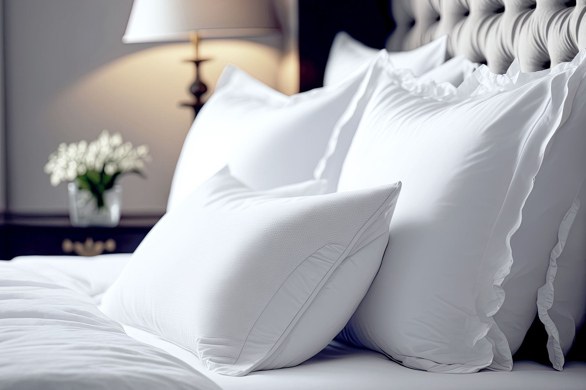 A bed with white sheets and pillows and a lamp in the background