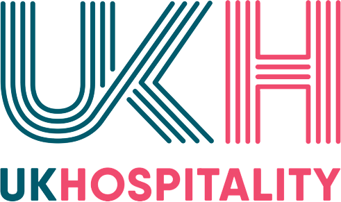 The logo for ukhospitality is a blue and pink logo with lines.