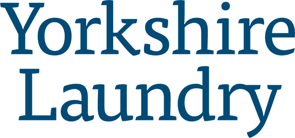 The logo for yorkshire laundry is blue and white on a white background.