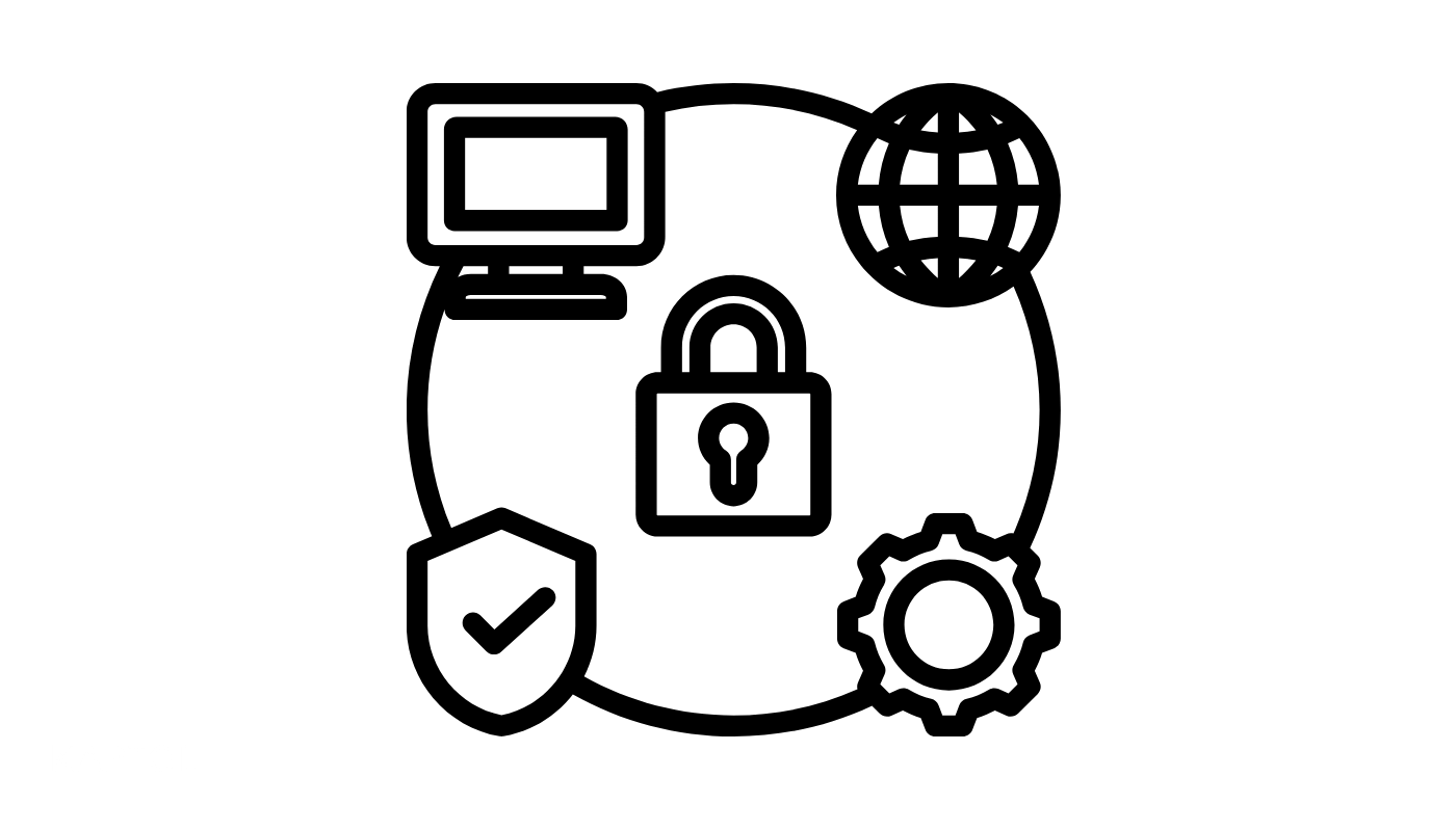 A black and white icon of a computer , padlock , shield , gear and globe.