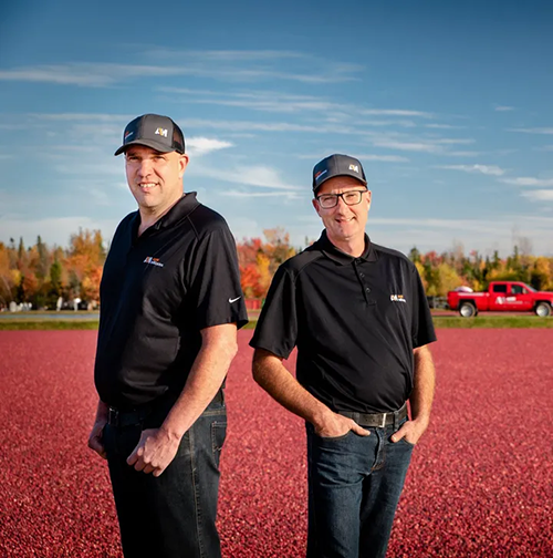 Deux hommes debout l’un à côté de l’autre dans un champ de fruits rouges