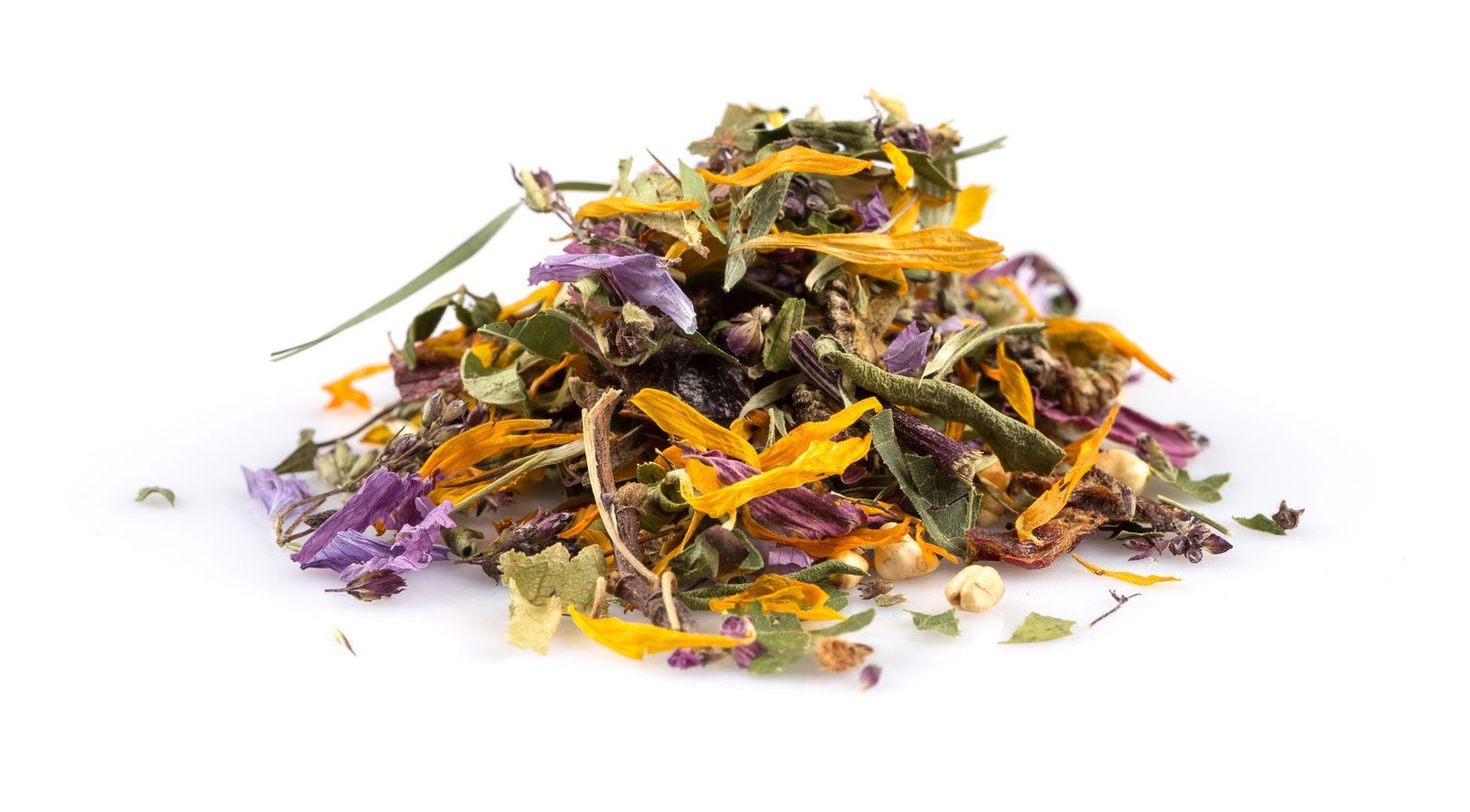 Pile of colorful dried herbs and flowers on a white background.