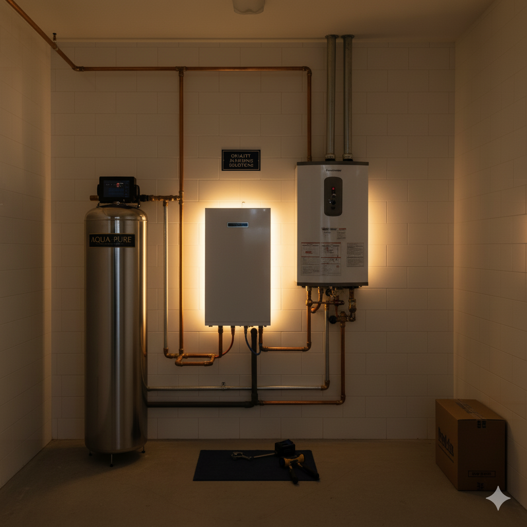 Water filtration system, tankless water heater, and plumbing in a utility room, lit with a warm glow.