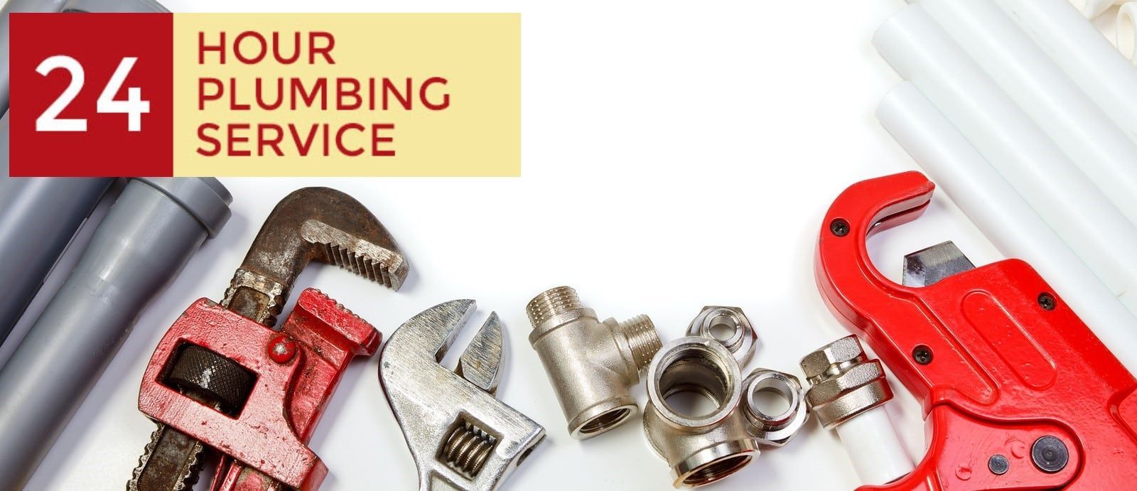 Plumbing tools on white background; red pipe cutter, wrenches, pipes, and text