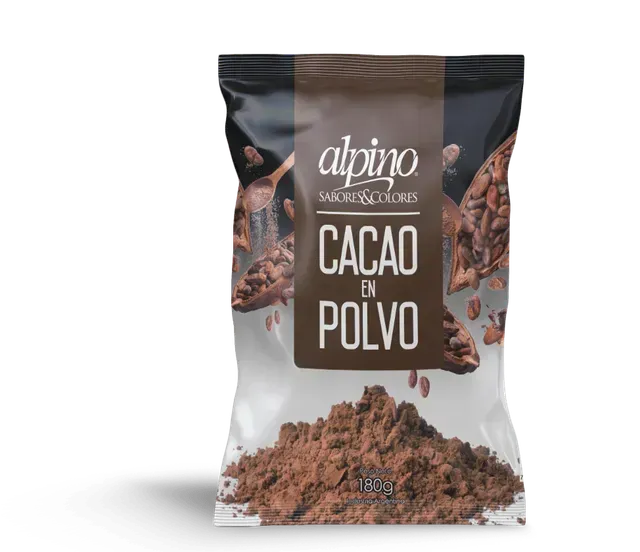 Bolsa de cacao en polvo Alpino, envase negro y transparente con el cacao en polvo derramándose.