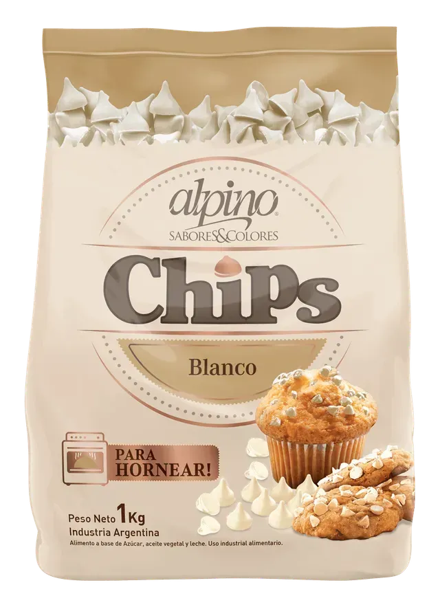 Bolsa de mezcla para hornear Alpino Chips Blanco en envase beige con imagen de magdalena.