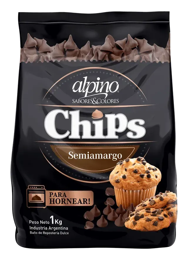 Bolsa negra de patatas fritas Alpino Semiamargo con dibujos de magdalenas de chocolate y cacao.