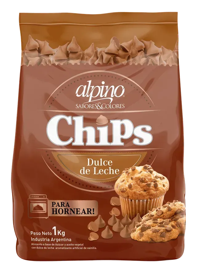 Bolsa marrón de patatas fritas Alpino sabor dulce de leche, con imágenes de magdalenas y etiqueta “para hornear”.