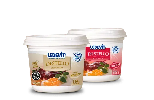 Dos envases de yogur LEDEVIT Destello, uno de mango y otro de fresa, sobre un fondo blanco.