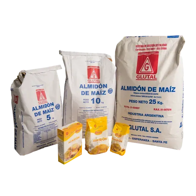 Surtido de bolsas y cajas de almidón de maíz glutaraldehído en envases blancos y amarillos.
