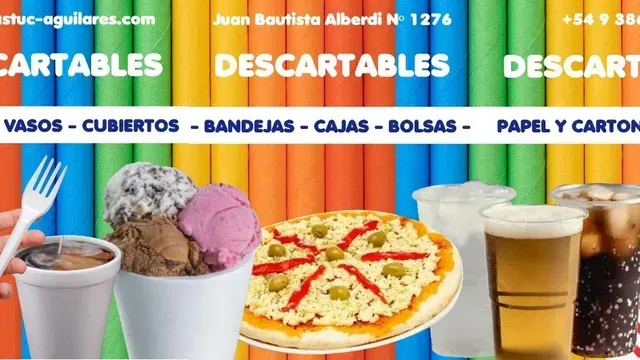 Pancarta colorida para el escaparate de una tienda de postres y envases, que ofrece helados, pizzas, café y productos de papel.