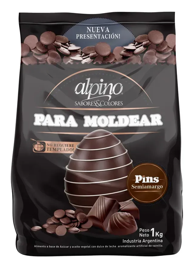 Chocolate Alpino para moldear, empaque negro con bombones y cono de chocolate, 1 kg.