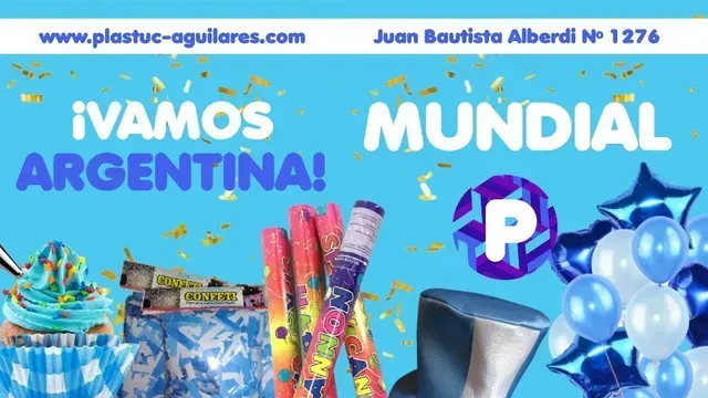 Pancarta de fiesta del Mundial de Argentina con globos azules, confeti y decoraciones patrióticas festivas.