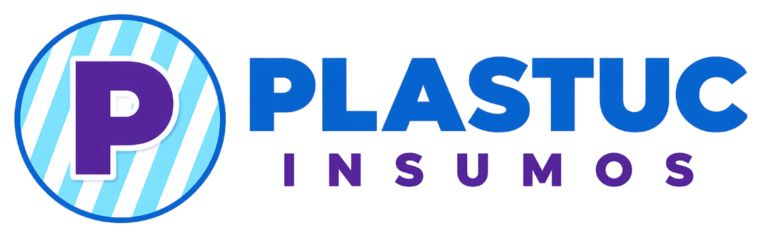 Logotipo de PLASTUC INSUMOS en azul y morado con un icono circular a rayas en forma de 