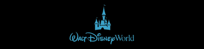Walt Disney World logo with Cinderella's castle in turquoise on a black background.