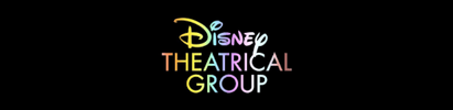 Disney Theatrical Group logo in colorful gradient on black background.