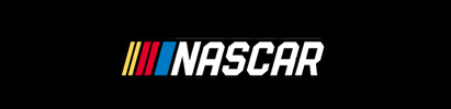 NASCAR logo: "NASCAR" in white block letters, with colorful parallel lines on the left on a black background.