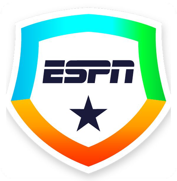 ESPN logo within a shield with blue, green, and orange gradient, featuring a dark star.