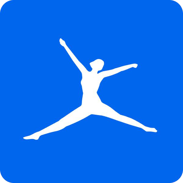 White silhouette of a person jumping with arms and legs outstretched on a blue square background.