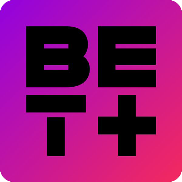 BET+ logo with black text on a pink and purple background.