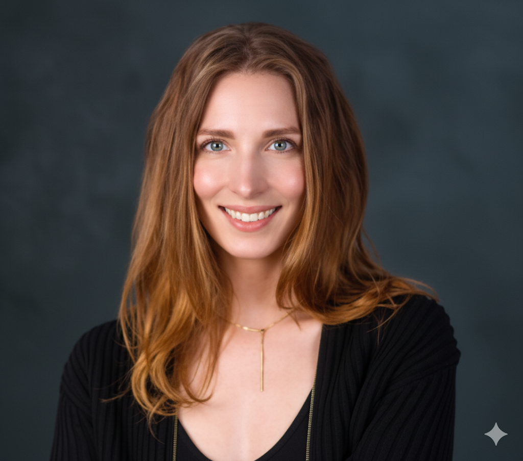 Woman with long auburn hair, smiling, wearing a black shirt, against a blue-gray background.