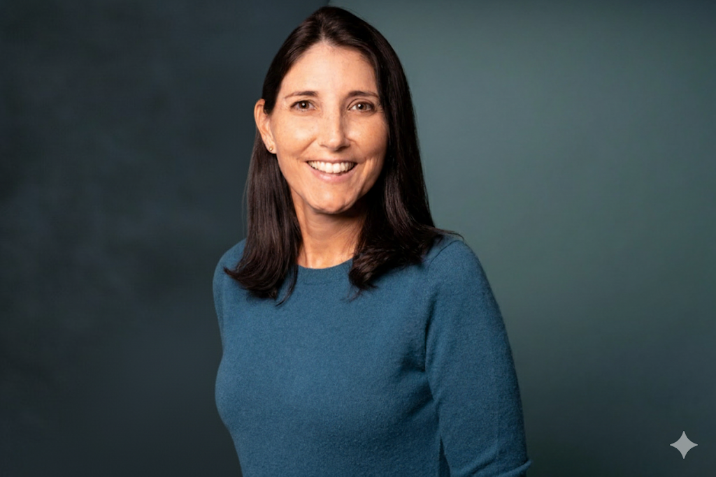 Woman with dark hair smiles, wearing a blue sweater, against a blue-green background.