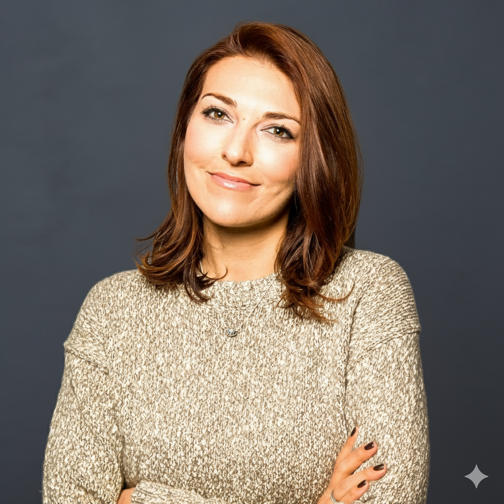 Woman with red hair smiles in a denim shirt, sitting by a piano.