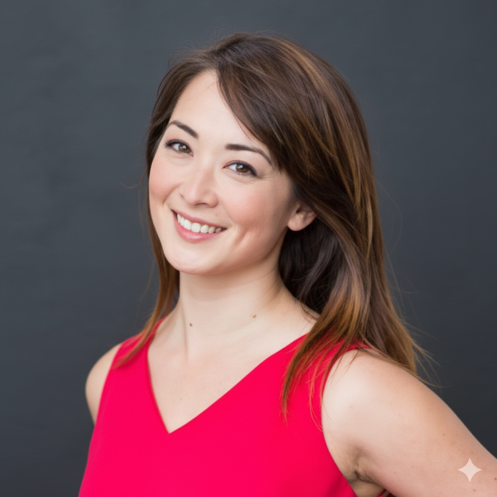 Woman with brown hair, wearing a red top, smiles at the camera in front of a dark gray background.