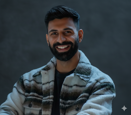 Man with dark hair and beard smiles, wearing a white and gray striped jacket.