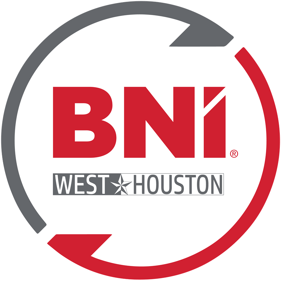 A red and gray logo for bni west houston