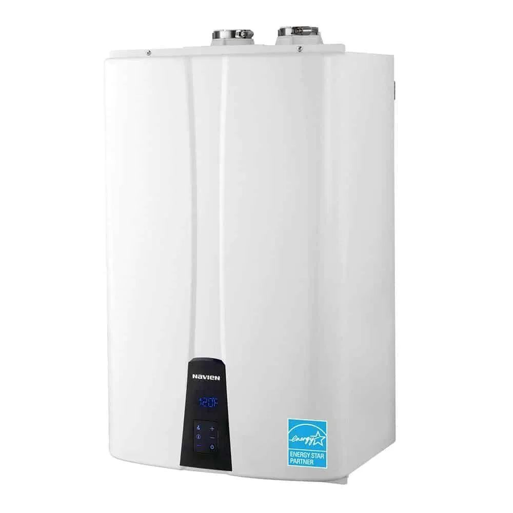 A white water heater is sitting on a white surface.