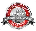 A red, white, and gray seal for "Family Law Top 10 Attorney" with an illustration of a person holding scales.
