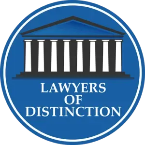 Blue and white Lawyers of Distinction emblem: a courthouse illustration with the text "Lawyers of Distinction".