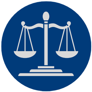 Scales of justice symbol, silver on blue background.