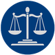 Scales of justice symbol, silver on blue background.